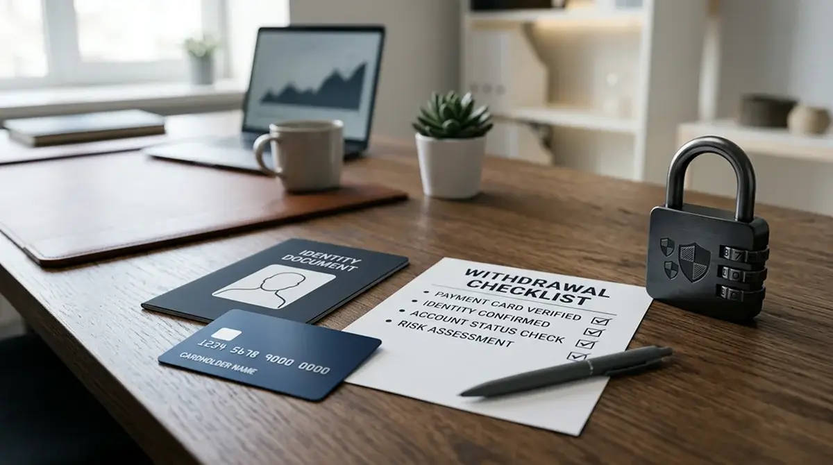 A desktop checklist showing payment, identity, withdrawal and account-term checks