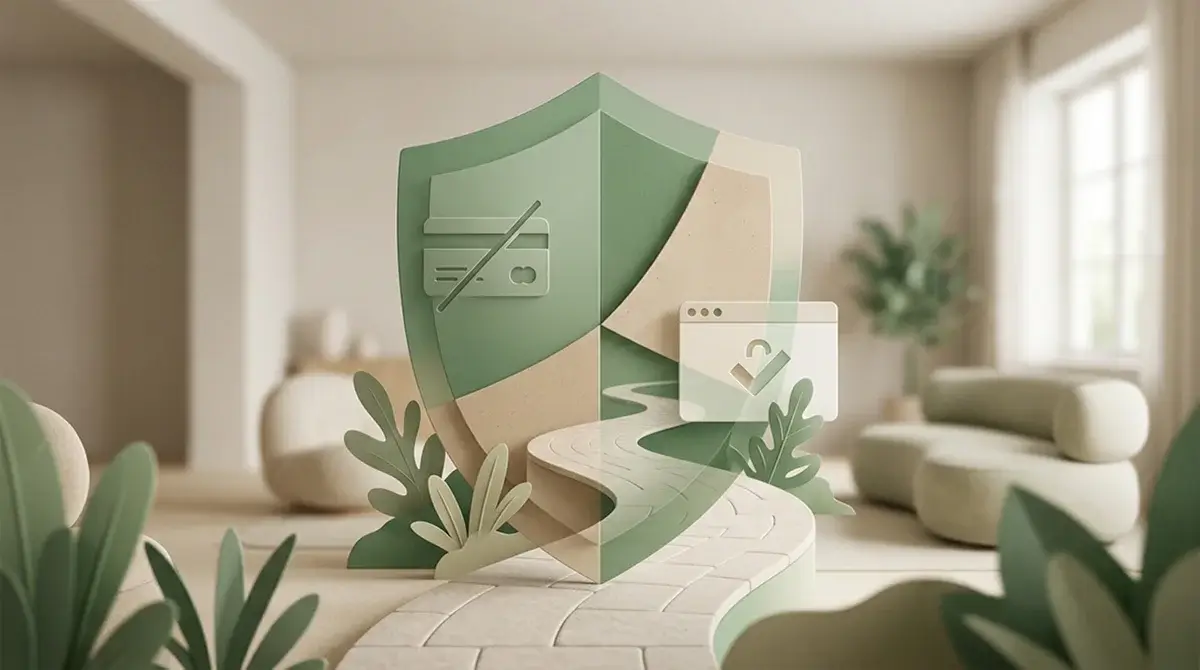 A calm visual of layered protection tools including a shield, card block and support pathway